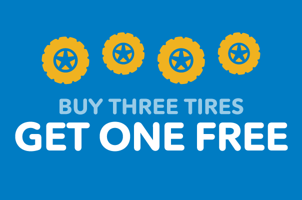 BUY THREE TIRES AND A WHEEL ALIGNMENT AND RECEIVE THE FOURTH TIRE FREE.